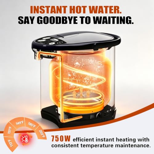 Rosewill Electric Hot Water Boiler and Warmer, Hot Water Dispenser with Auto Dispense Function, 5 Temperature Settings, Large Capacity 5.0 L (5.3 QT) - Black