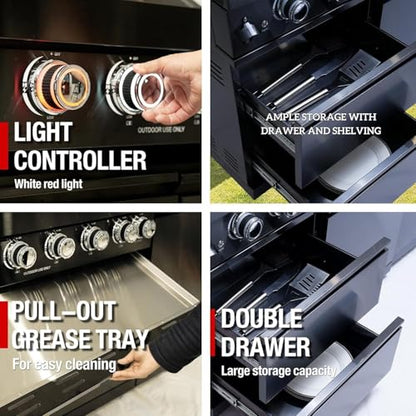 104 Inch Deluxe Stainless Steel Natural Gas Outdoor Kitchen Island Grill - 4-Burner 72000 BTU, 4 modular units for flexible and versatile combinations, For Patio, Lawn, Backyard, Black