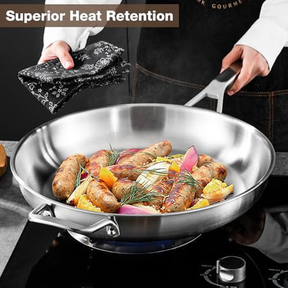 Yeksum Stainless Steel Pan,14 inch Frying Pan, Heavy Duty, Large Frying Pan, Fast & Even Heating, Up to 650°, Oven & Dishwasher Safe,Compatible with All Cooktops