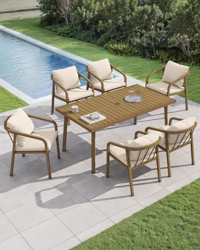 SEEHILL 7-Piece Patio Dining Set, Never-Rust Aluminum Outdoor Dining Set for 6, Rectangular Outdoor Table and Chairs Set with Washable Cushions, Patio Furniture Set for Poolside, Deck, Backyard, Teak