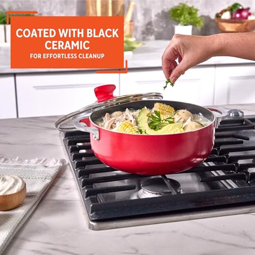 IMUSA 3.2 Qt Red Aluminum Dutch Oven with Black Ceramic Nonstick, Glass Lid & Riveted Handles – Oven Safe Caldero for Everyday Cooking