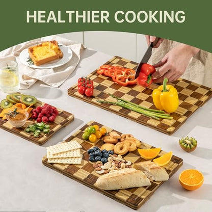 THETCHRY Bamboo Cutting Board Set, Checkered Wood Cutting Boards for Kitchen with Juice Groove, Non Toxic Wooden Charcuterie Boards, Non Slip Chopping Board for Meat Fruit Cheese, Housewarming Gift