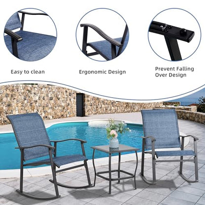 Vongrasig 3 Piece Outdoor Rocking Bistro Set, Textilene Fabric Small Patio Furniture Set, Front Porch Rocker Chairs Conversation Set with Glass Table for Lawn, Garden, Balcony, Poolside (Denim Blue)