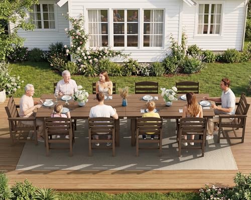 SERWALL Patio Dining Sets for 10 Person, HDPE Dining Set with 2 Tables, 8 Armless Chairs and 2 Armed Dining Chairs, Brown