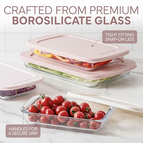 COOK WITH COLOR 8 PC. Glass Baking Dish Set with Lids - Deep Casserole Dish, Glass Food Container, Oven, Freezer and Microwave Safe, Clear Container, Pink
