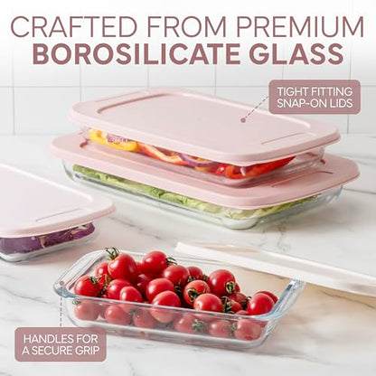 COOK WITH COLOR 8 PC. Glass Baking Dish Set with Lids - Deep Casserole Dish, Glass Food Container, Oven, Freezer and Microwave Safe, Clear Container, Pink