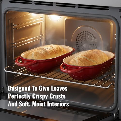 2 QT Oval Dutch Oven for Bread Baking, Enamelled Cast Iron Bread Oven for Sourdough, Sourdough Loaf Pan with Lid, Heavy-Duty Non Stick Bread Pan for Homemade Bread Baking, Red