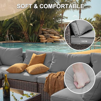 gaildon 7 Piece Outdoor Patio Furniture Set with 42" Fire Pit, Wicker Furniture Sectional Conversation Sofa Set with Comfortable Cushions, Grey