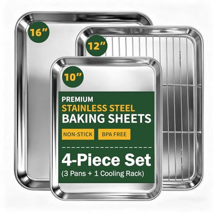 4-Piece Baking Sheet Set with Cooling Rack, Stainless Steel Cookie Sheets & Baking Pans Set, Non-Stick Cookie Trays for Oven Roasting & Food Prep, BPA-Free 10/12/16 Inch