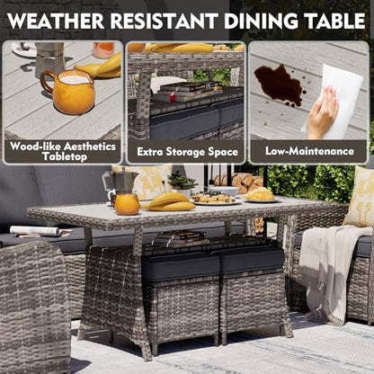 MEISSALIVVE 7 Pieces Outdoor Patio Furniture Set with Swivel Chairs, Wicker Patio Conversation Set, Patio Sectional Furniture Set with with Loveseat, 2 Ottomans and Dining Table (Grey)