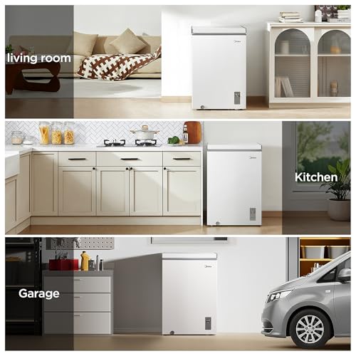 Midea MERC04C4BAWW Chest Freezer, 3.5 Cubic Feet Freezer With Removable Basket, Interior LED Light, Adjustable Temperature, For Kitchen Apartment Office, White