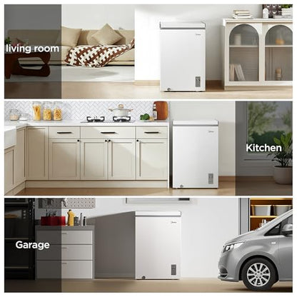 Midea MERC04C4BAWW Chest Freezer, 3.5 Cubic Feet Freezer With Removable Basket, Interior LED Light, Adjustable Temperature, For Kitchen Apartment Office, White