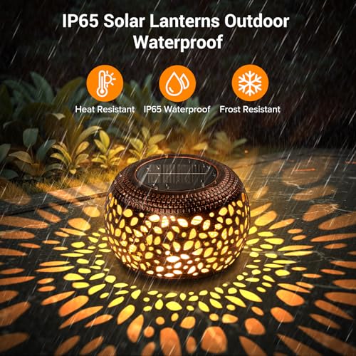 Solar Lanterns Outdoor Waterproof: 2 Pack Hollow Out Retro Metal Lantern Lights - Solar Lantern Decorative - Gardening Gifts for Women Mother's Day, Outside Garden Yard Patio & Indoor Tabletop Decor