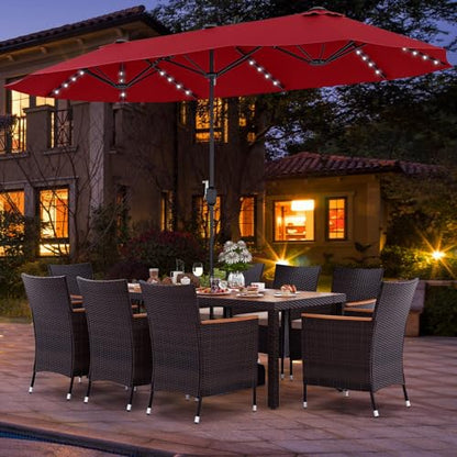 Tangkula 11 Pieces Patio Dining Set with 15ft Double-Sided LED Patio Umbrella (Base Included), Outdoor Rattan Furniture Set with 8 Stackable Chairs, Acacia Wood Dining Table and Umbrella (Wine)