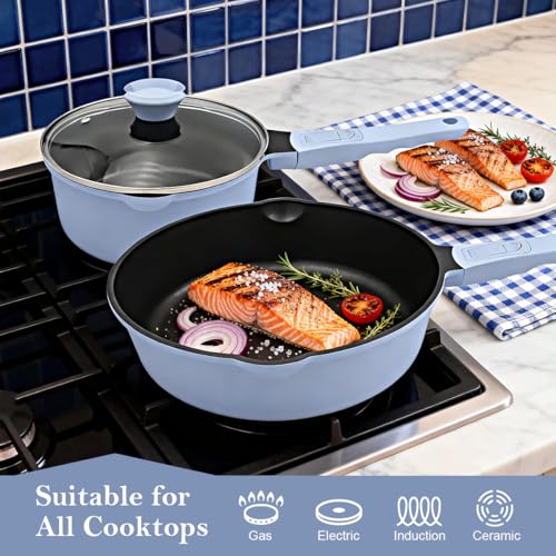 Bobikuke Non Stick Frying Pan Skillet with Lid, 12 Inch Nonstick Deep Frying Pan, 5 QT Saute Pan with Detachable Handle, Compatible with All Stoves, Induction Ready, Oven Safe, PTFE & PFAS-Free, Blue