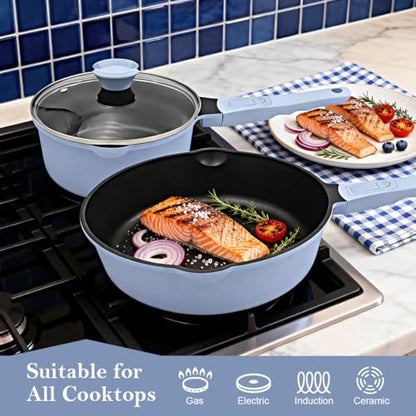 Bobikuke Non Stick Frying Pan Skillet with Lid, 12 Inch Nonstick Deep Frying Pan, 5 QT Saute Pan with Detachable Handle, Compatible with All Stoves, Induction Ready, Oven Safe, PTFE & PFAS-Free, Blue