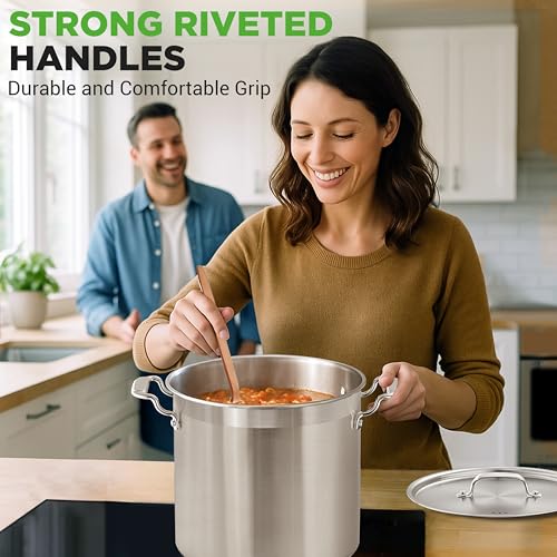 NutriChef Stainless Steel Stock Pot with Lid, 24 Quart Large Stock Pot with Lid for Soup & Stews, Heavy Duty Stainless Steel Cookware, Induction Base, Ergonomic Handles, Polished 18/8