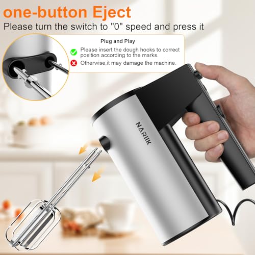 NARIIK Electric Hand Mixer, 660W Kitchen Handheld Mixer 5 Speed Self Control Whisk 304 Stainless Steel One Click Eject Dishwasher Safe Mixer for Cream Cookies Dough（Black）