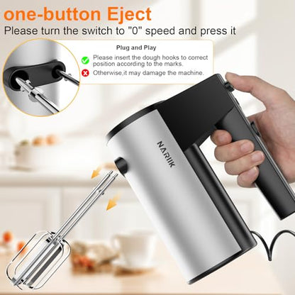 NARIIK Electric Hand Mixer, 660W Kitchen Handheld Mixer 5 Speed Self Control Whisk 304 Stainless Steel One Click Eject Dishwasher Safe Mixer for Cream Cookies Dough（Black）