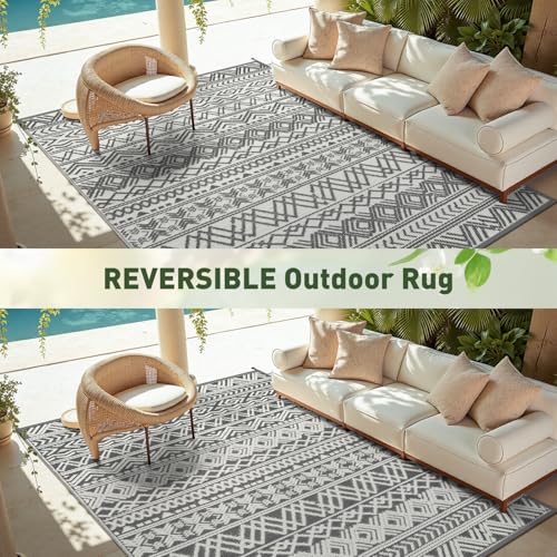 MontVoo Outdoor Rug Carpet Waterproof 5x8 Outdoor Patio Rug Mat Reverisble Plastic Straw Outdoor Rug for RV Camping Picnic Beach Balcony Boho Grey