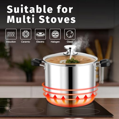 12 Quart 3-Ply Cooking Stock Pot with Lid, P&P CHEF Stainless Steel Large Pot for Pasta Soup, Work on Multi Stove, Heavy Duty & Dishwasher Safe, Dual Heat-resistant Handles & Transparent Glass Lid