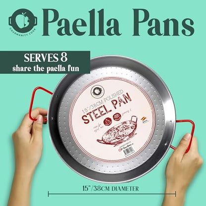 Gourmanity 15 inch Carbon Steel Paella Pan, 38cm Polished Steel Large Skillet From Spain, Great for Paella Parties Indoors, Outdoors, Camping & More, Imported Spanish Paellera, Made by Garcima
