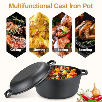 TLGREEN Cast Iron Dutch Oven Pot with Lid, Pot (6.7QT) and Lid as a Skillet(2.5QT) - Dutch Oven Cast Iron with Silicone Holders, Iron Stand, for Oven, Stove, Grill，Campfire