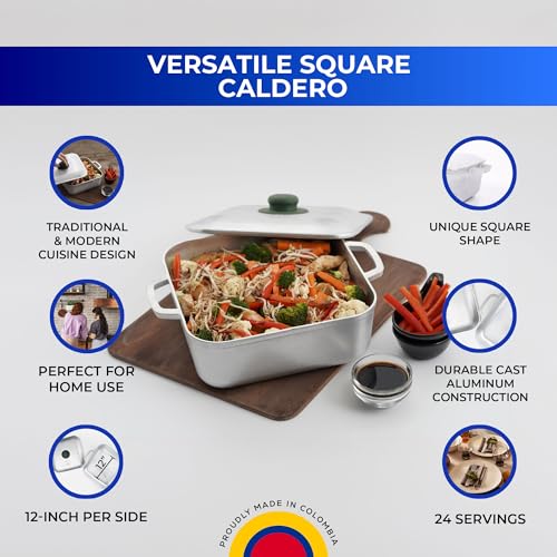 Universal (9 Quart - 24 Cups) Square Caldero – Cast Aluminum Cooking Pot with Lid, Oven Safe Dutch Oven Pot for Rice, Soups, Stews, Roasting & Everyday Cooking