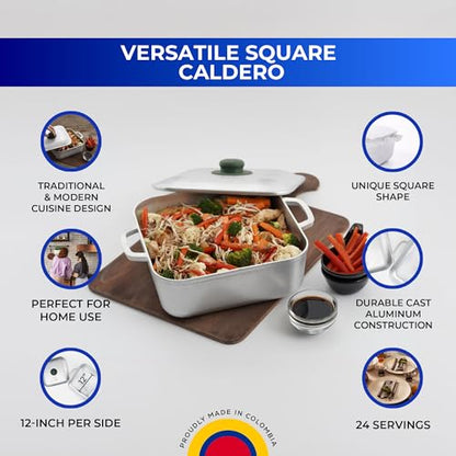 Universal (9 Quart - 24 Cups) Square Caldero – Cast Aluminum Cooking Pot with Lid, Oven Safe Dutch Oven Pot for Rice, Soups, Stews, Roasting & Everyday Cooking