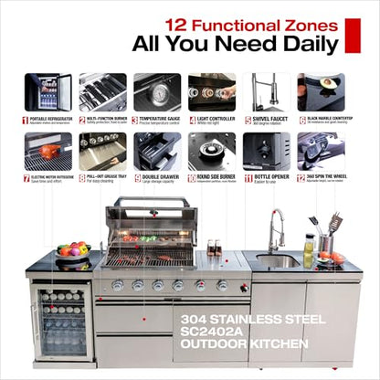 98 Inches Outdoor Kitchen Island, 4-Burner 72000 BTU Propane Stainless Steel BBQ with Side/Rear Burners, With Refrigerator and Sink, Rotisserie, Granite Countertops, Storage, For Backyard BBQ, Silver