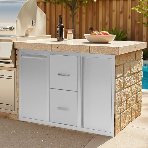 Jocisland 41.5" W20 D23 H Stainless Steel Outdoor Kitchen Drawers, Double Drawers with Trash Drawer & Door, 3-Tier Cabinet, Built-in BBQ Island Storage for Outdoor Kitchens