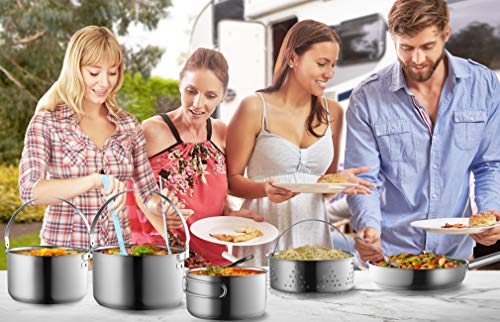 Camping Cookware Set 304 Stainless Steel 8-Piece Pots & Pans Open Fire Cooking Kit | Frying Pan Steamer with Travel Tote Bag | Compact For Outdoors & Indoors Kitchen Campfire Hiking RV