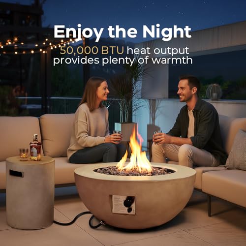 ReeQuo 2-Piece Outdoor Propane Fire Pit Table Set w/Tank Cover Table, 31.5-inch 50,000 BTU Bowl Concrete Firepit SUS201 Round Burner with Steel Lid, Lava Rocks, Rain Cover…