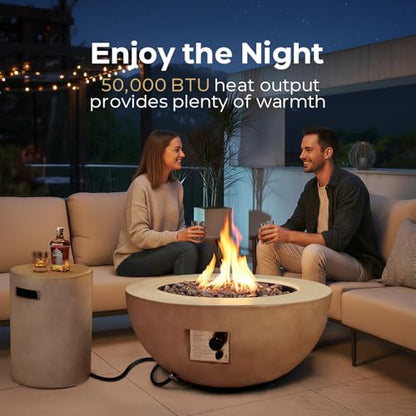 ReeQuo 2-Piece Outdoor Propane Fire Pit Table Set w/Tank Cover Table, 31.5-inch 50,000 BTU Bowl Concrete Firepit SUS201 Round Burner with Steel Lid, Lava Rocks, Rain Cover…