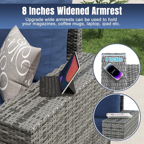 Aoxun 12 Pieces Patio Furniture Set Wicker Rattan Outdoor Sectional Conversation Set with Coffee Table and 4” Thickened Cushions, Gray Blue(Waterproof Cover Included)