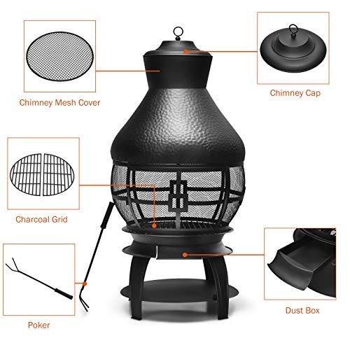 Giantex Wood Burning Chiminea, Heavy Duty Fireplace Chiminea Wooden Fire Pit with 2-Piece Log Grate, Premium Rain Cap & Fire Poker, 360°Fire Retardant Mesh Cover, Ideal for Garden, Patio, Backyard