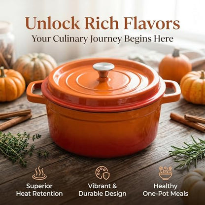 YJX Cast Iron Dutch Oven Pot with Lid, Enameled Cast Iron Pot, Orange Bread Dutch Oven, 4QT Heavy-Duty Cookware Oven Safe to 500°F for Bread Baking, Braising, Stews, Roasting