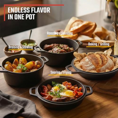 Overmont 2-in-1 Cast Iron Dutch Oven - 7QT Pre-Seasoned All-in-One Casserole Braising Pan with Skillet Lid Cookbook & Silicone Handle Covers - Heavy Duty Oven-Safe Pot for Sourdough Baking Frying Camping
