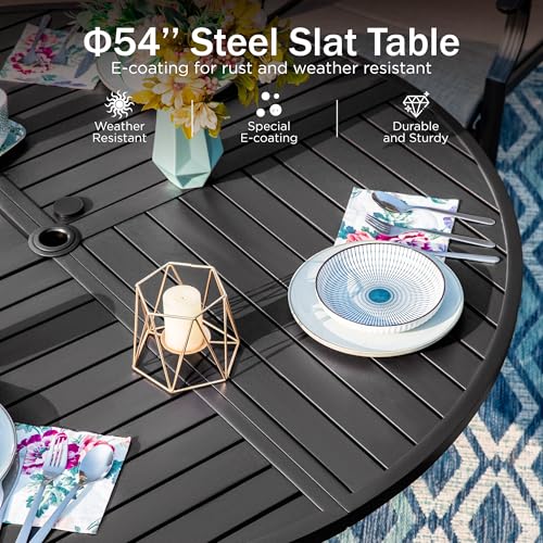 PHI VILLA 7 Pieces Outdoor Dining Set for 6, 54" Round Black Metal Table & Wrought Iron Swivel Chairs, Rustproof Large Outside Furniture with Cushions & Pillows for Patio, Deck, Porch