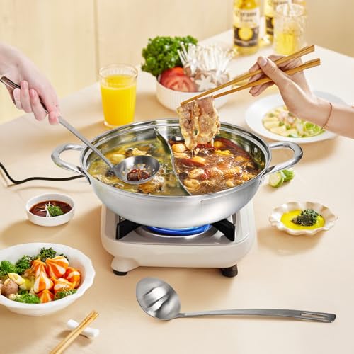 Peohud 304 Stainless Steel Hotpot Pot with Divider, 12 Inches Double-flavor Shabu Shabu Pot with Ladle and Slotted Spoon, Dual Sided Soup Cookware for Induction Cooktop Gas Stove