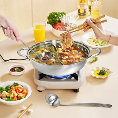 Peohud 304 Stainless Steel Hotpot Pot with Divider, 12 Inches Double-flavor Shabu Shabu Pot with Ladle and Slotted Spoon, Dual Sided Soup Cookware for Induction Cooktop Gas Stove