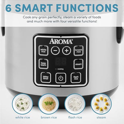 AROMA Digital Rice Cooker, 4-Cup (Uncooked) / 8-Cup (Cooked), Steamer, Grain Cooker, Multicooker, 2 Qt, Stainless Steel Exterior, ARC-914SBD