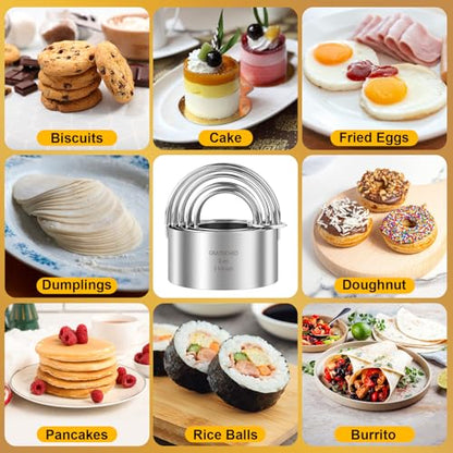 5 Pcs Professional Stainless Steel Cookie Cutters Set - Round Biscuit Cutter with Handle, Used for Making Cake, Fried Egg, Dumpling, Doughnut - Essential Baking Tools for Dough Preparation