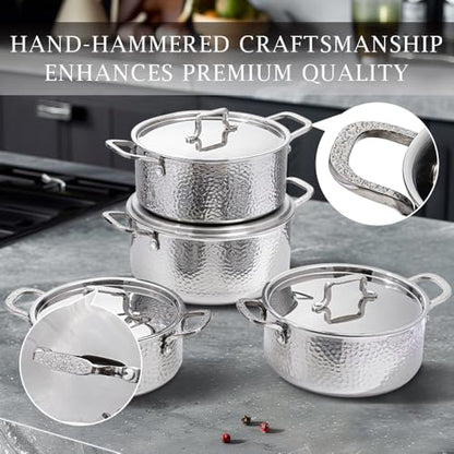 Vivicreate Tri Ply Stainless Steel Stock Pot with Lid 5 Quart Hammered Stockpot Induction Cooking Pot Soup Pot Compatible with All Stovetops (5QT)