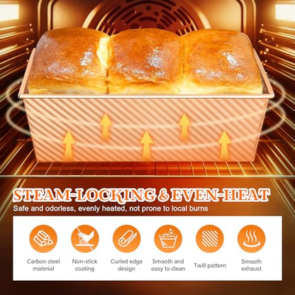 YIWSKJ 3-Pack Bread Pan with Lids, 2.2LB & 1LB & 1LB Dough Capacity, Non-Stick Carbon Steel Pullman Loaf Pan for Baking, Professional Toast Box Mold with Baking Tools - Gold