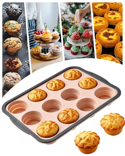 LGQUK Silicone Muffin Pan for Baking with Metal Frame， Nonstick Cupcake Pan， 12 Cup Baking Pan for Cupcake, Tarts, Egg Bites(12 Cup Pink)