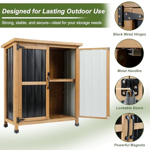 Ketive Outdoor Storage Cabinet, Wood & Metal Small Garden Tool Storage Cabinet with Weather-Resistant Asphalt Roof, Double Lockable Doors & Removable Shelves for Porch, Patio, Garden, Backyard