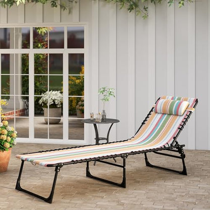 Outsunny Folding Chaise Lounge Chair, Patio Sun Tanning Chair, Outdoor Chaise Lounger with 4-Position Reclining Back, Breathable Mesh Seat for Beach, Poolside, Yard, Rainbow Striped