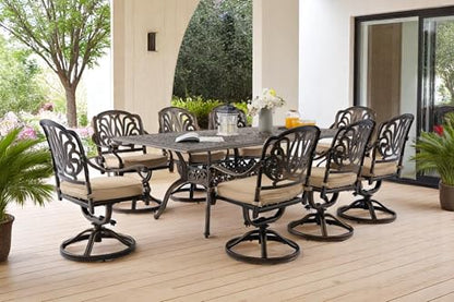 Ailismail 𝟗 𝐏𝐢𝐞𝐜𝐞 Outdoor Dining Set Cast Aluminum Furniture Set, Retro Patio Dining Set for 8 Includes 86.6’’ Table & 6 Swivel Chairs with Cushion and Umbrella Hole for Patio Deck Poolside