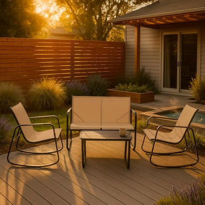 Xalmierre 4-Piece Patio Furniture Set, Outdoor Textilene Conversation Set with Rocking Chairs & Loveseat, with Coffee Table for Garden, Balcony, Poolside（Khaki）